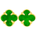 Symmetrical close-up of BoxUnboxed natural green jadeite clover statement stud earrings with thick, high-polished gold vermeil claw settings.