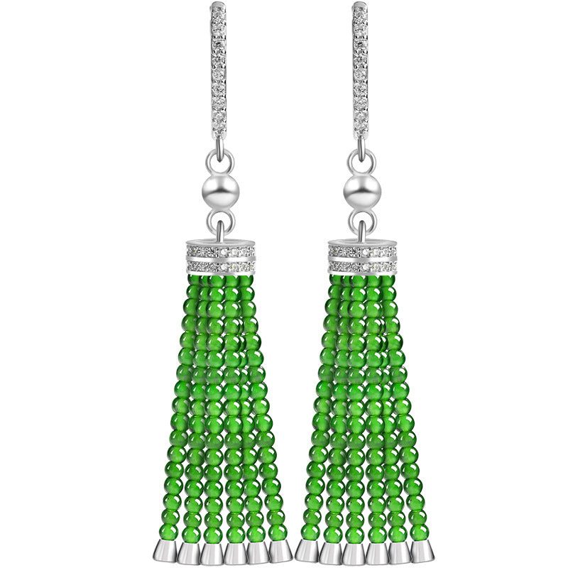 Natural Green Jadeite Beaded Tassel Drop Earrings