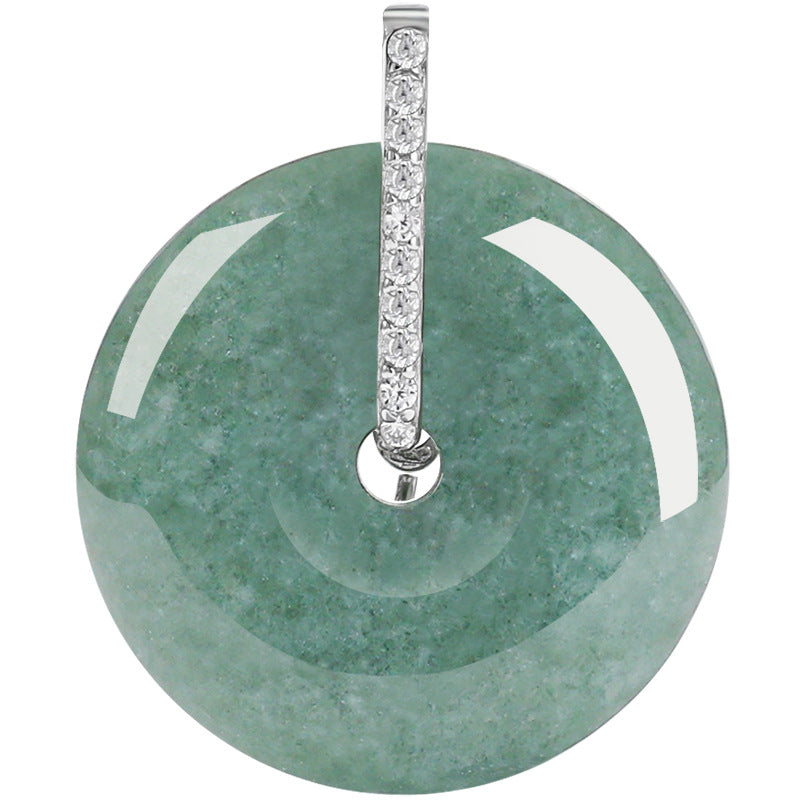 Close-up view of BoxUnboxed natural green jadeite jade doughnut pendant with a sparkling diamond-lined S925 sterling silver bail.