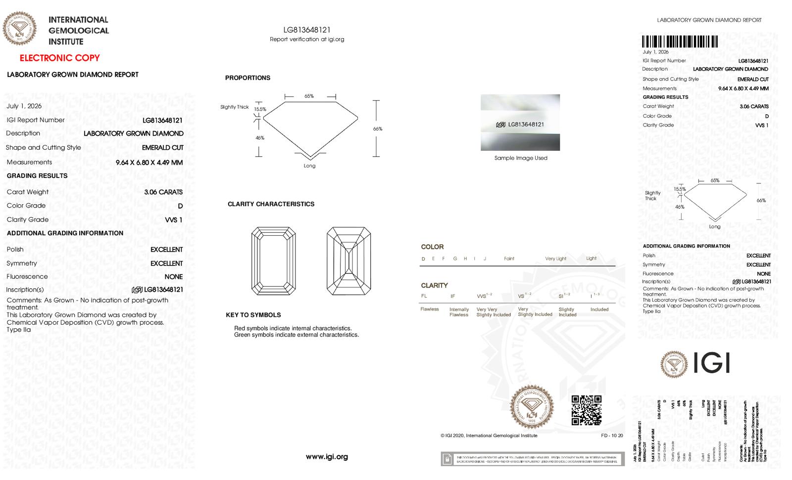 Emerald Cut Lab-Grown Diamond – 3.0 ct, D Color, VVS1 Clarity – IGI Certified (Report #813648121)