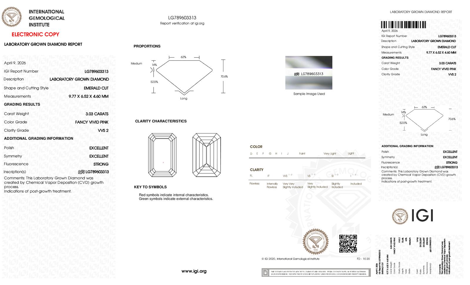 Emerald Cut Lab-Grown Diamond – 3.0 ct, Fancy Vivid Pink, VVS2 Clarity – IGI Certified (Report #789603313)