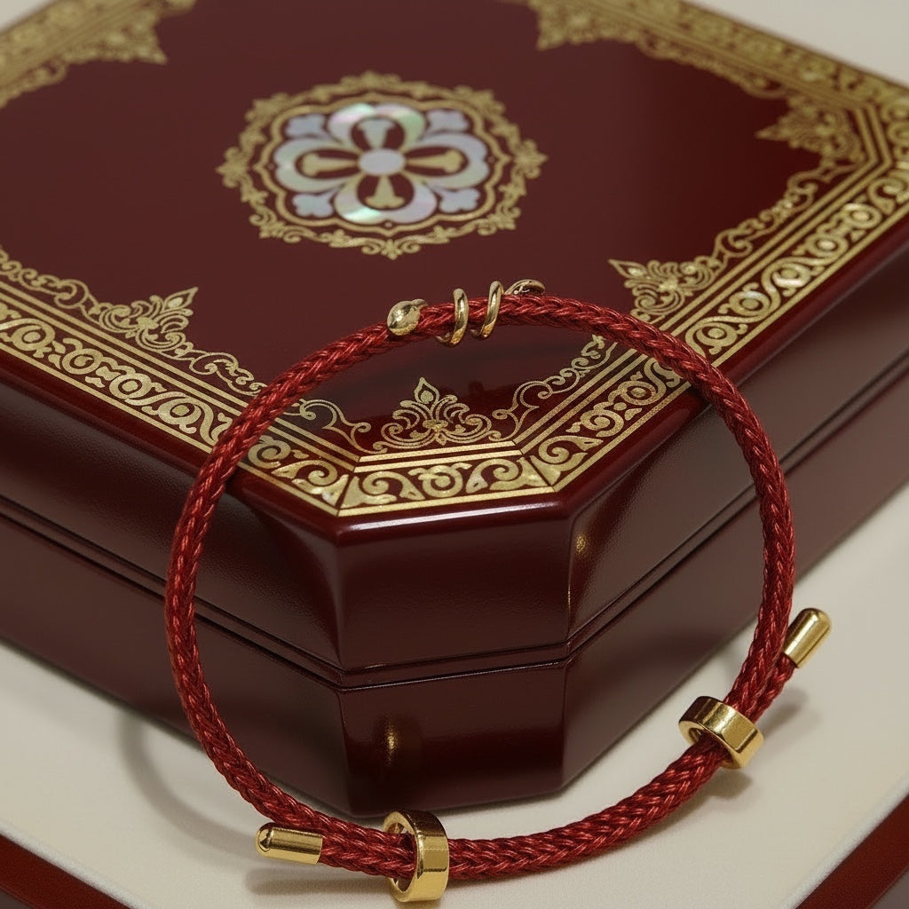 BoxUnboxed 18k solid gold snake bracelet with diamond on red string, adjustable fit