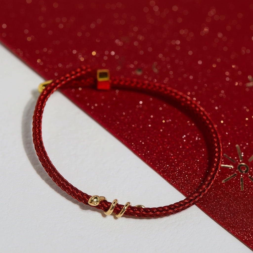 BoxUnboxed 18k solid gold snake bracelet with diamond on red string. Adjustable fit.