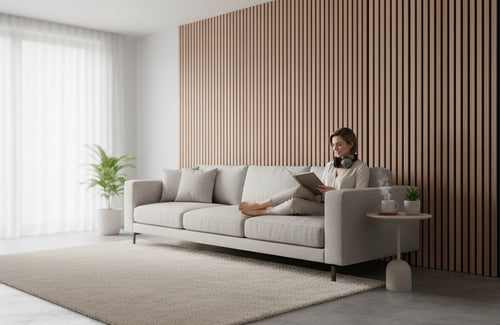 BoxUnboxed acoustic slat wood panels in a modern living room with a woman reading on a sofa.