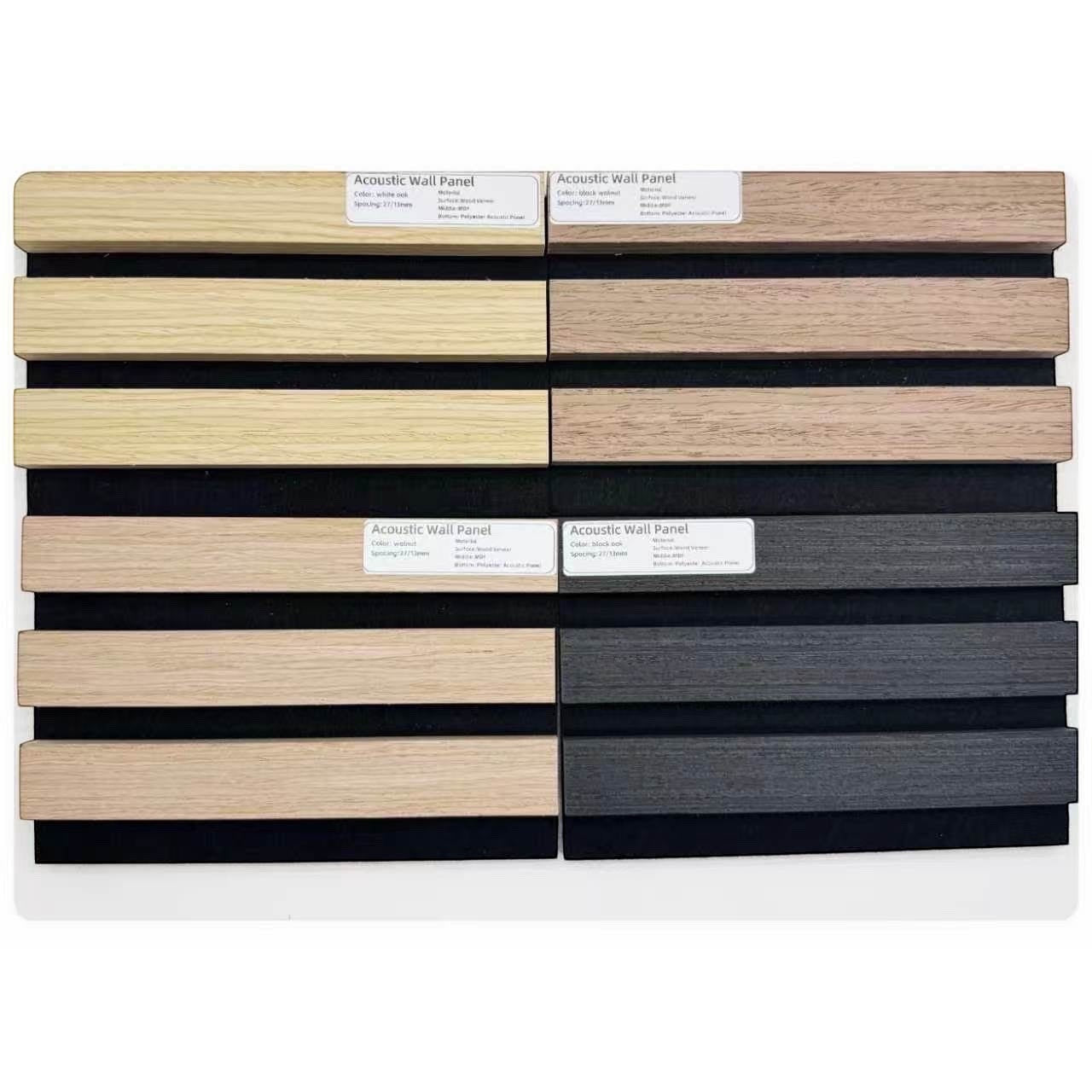 BoxUnboxed acoustic wall panels in light oak and dark wood finishes with black felt backing.