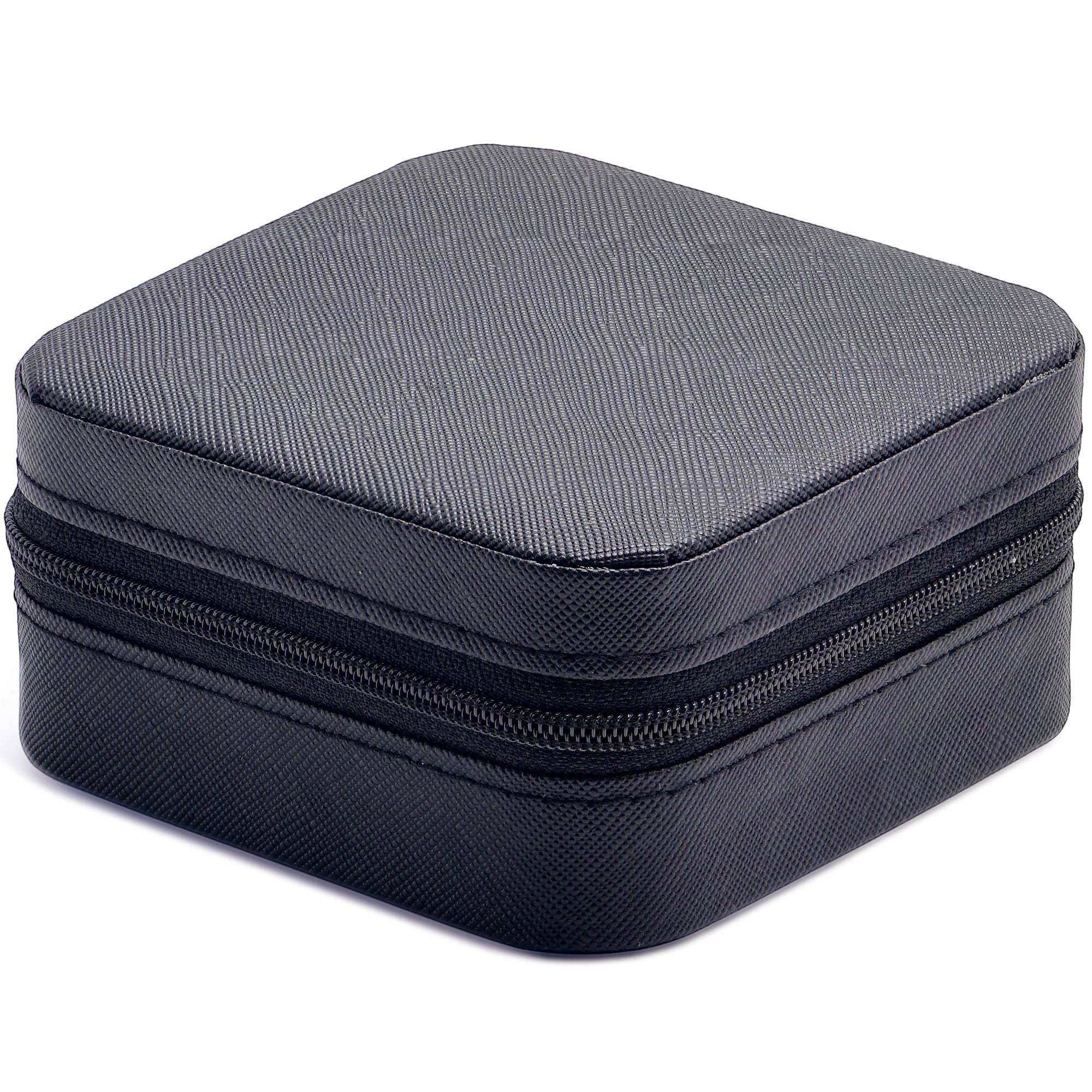 BoxUnboxed black zippered travel jewelry organizer with textured exterior and soft interior for secure storage.