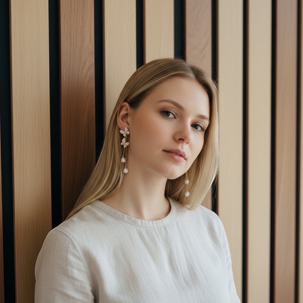 BoxUnboxed gold butterfly tassel earrings with freshwater pearls and shell wings on a model.