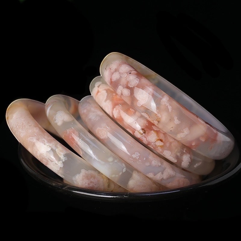 BoxUnboxed Natural Flower Agate Sakura Bangles with delicate pink and white floral inclusions, polished smooth.