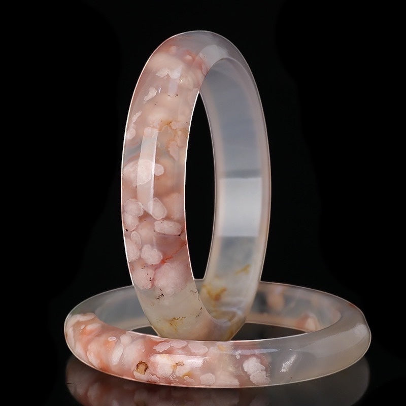 BoxUnboxed Natural Flower Agate Sakura Bangles with delicate pink floral inclusions and smooth polished finish.