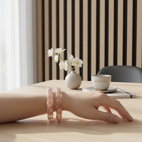 BoxUnboxed natural flower agate sakura bangles with delicate pink floral inclusions, smooth polished finish.