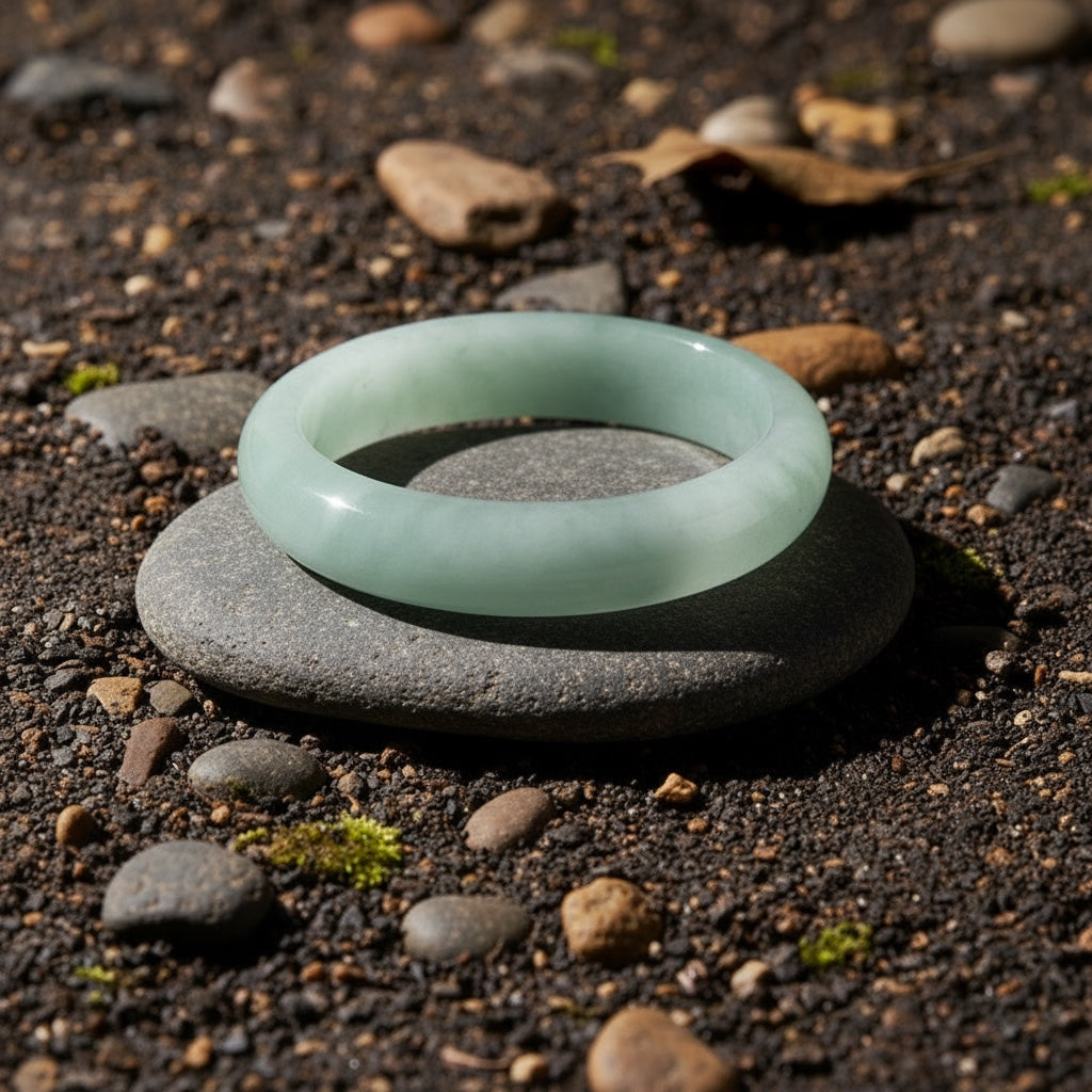 BoxUnboxed Sovereign Imperial Floating Green Jadeite Bangle, luminous ice grain with misty white and moss-green veins.