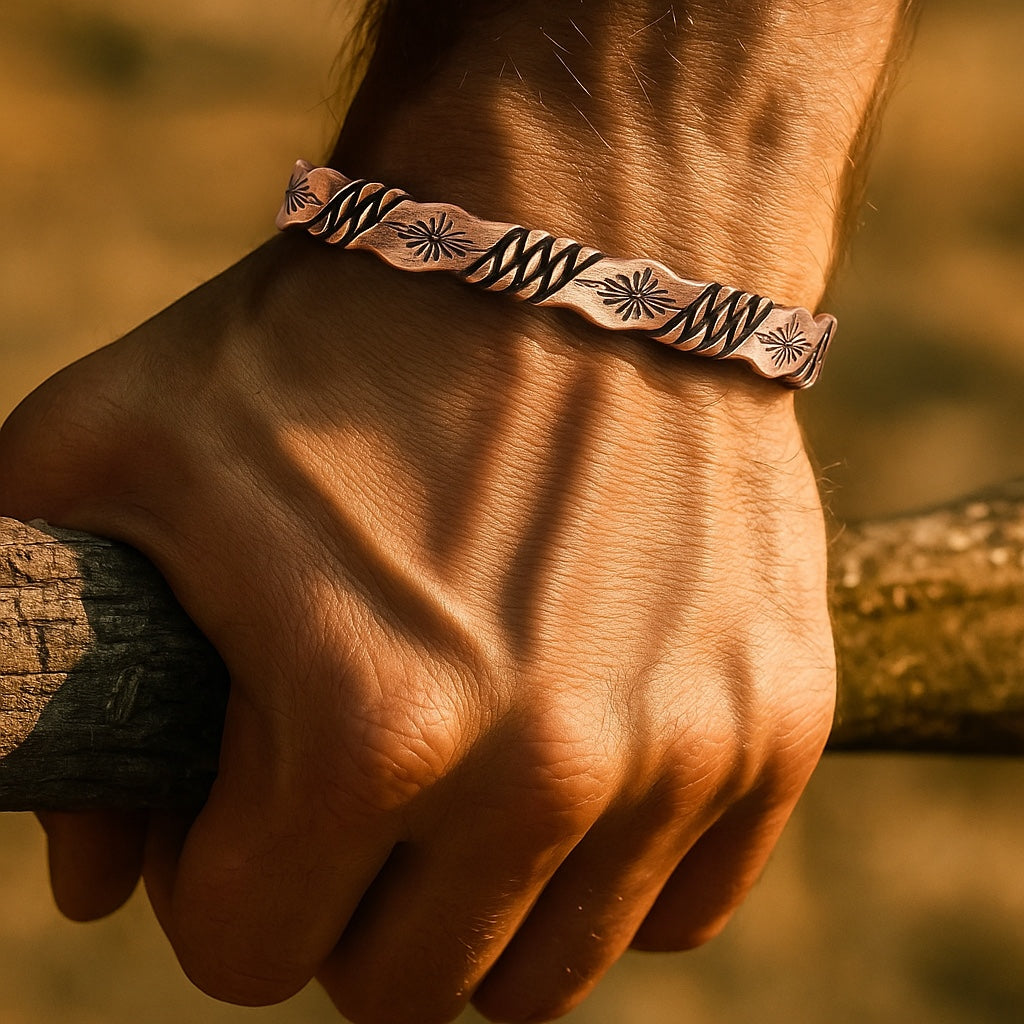 BoxUnboxed Helix Grounding Cuff featuring a twisted two-tone copper and silver geometric weave on a wrist