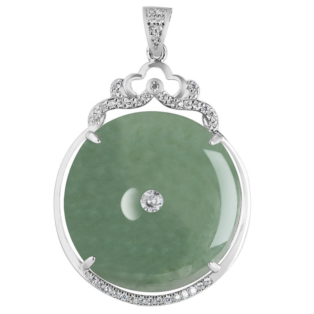 BoxUnboxed Grade A Myanmar jadeite peace buckle pendant in S925 sterling silver with pave halo and crown bail.
