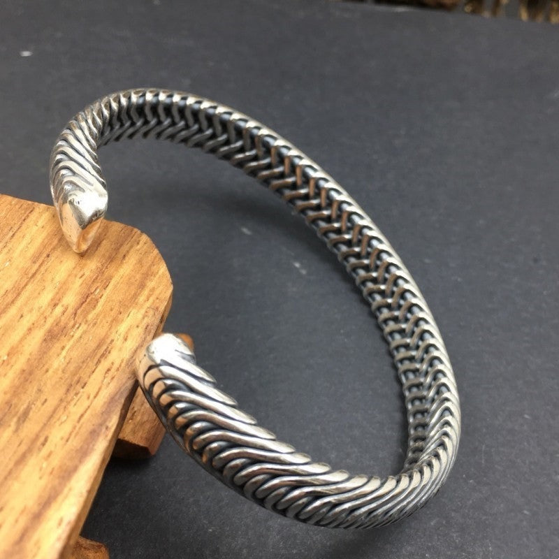 BoxUnboxed Nordic Frost Artisan Braided Silver Cuff. Solid 925 sterling silver, 35g, open cuff style with intricate braided detail.