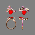 BoxUnboxed custom heart-shaped ruby ring with a gold bow setting and pink diamond accents in multiple views.
